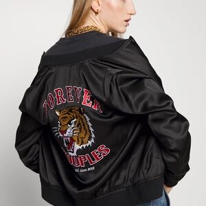 Reversible Black Bomber Jacket with Tiger Embroidery
